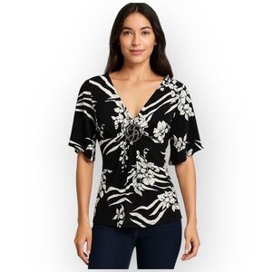 EUC White House Black Market Top XS – Zebra Floral Print, Ruched Front Ring